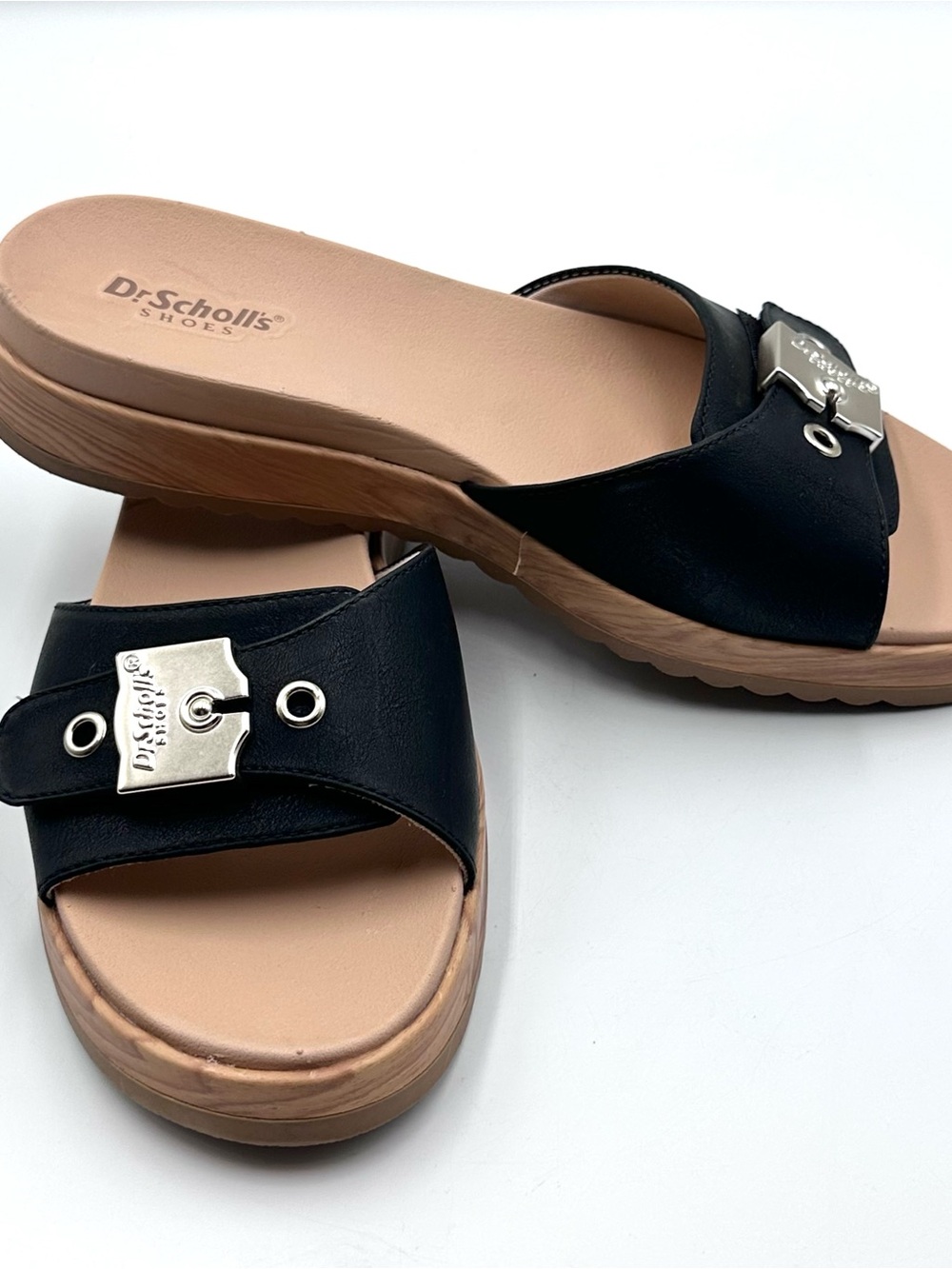 Dr. Scholl's Black Slide Sandals with Tan Footbed